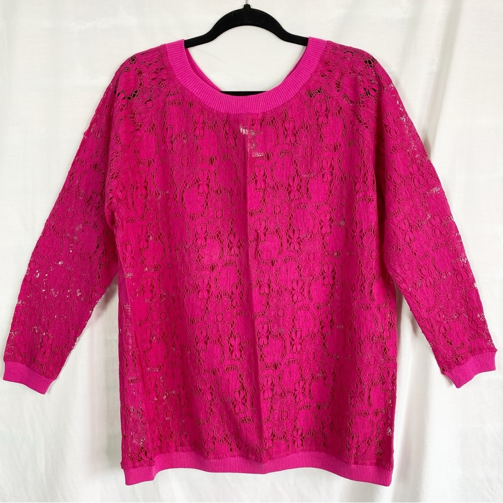 Bold Raspberry Pink Lace Vintage Sweater Top Sheer M/L